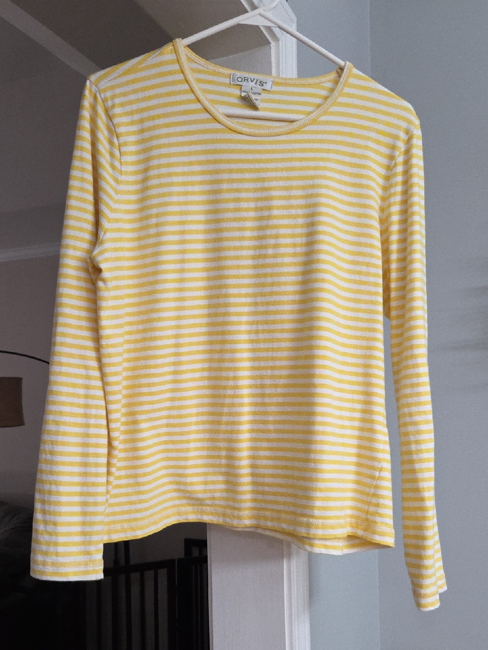 Orvis Yellow and White Striped Crewneck Long Sleeve Shirt